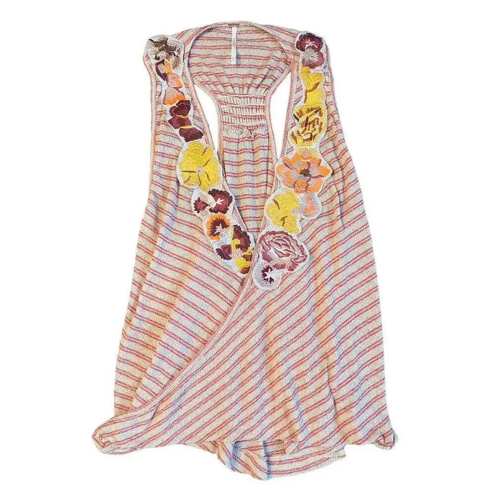 Free People Frida Neutral Embroidered Floral Faux Wrap Tank Medium - Picture 3 of 8